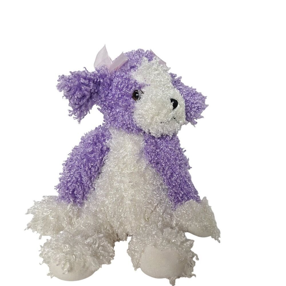 Puppy Dog Plush Purple White Curly Hair Pink Bows 14.5"